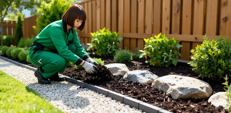 a woman in a green uniform is kneeling down to put mulch in a flower bed