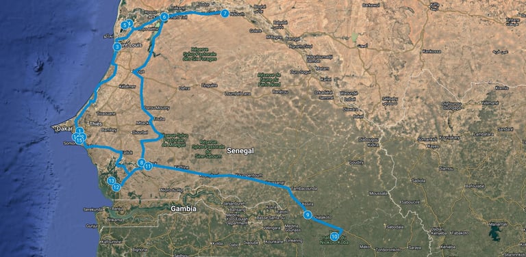 Route map 15-Day Bird Photography Tour in Senegal – Departure from Dakar