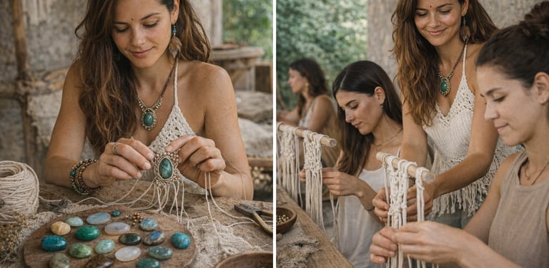 Mujeres aprendiendo a crear joyería artesanal de macramé con piedras naturales.