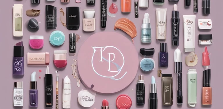 Soft pastel-hued cosmetics artfully arranged on a sleek white marble countertop.