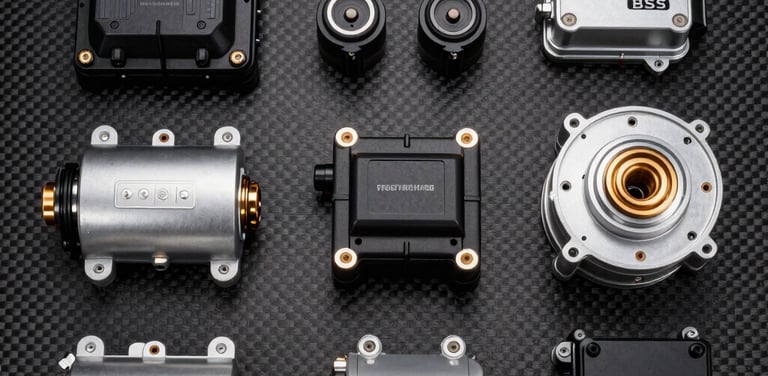 Close-up of premium car parts arranged neatly on a sleek black surface.