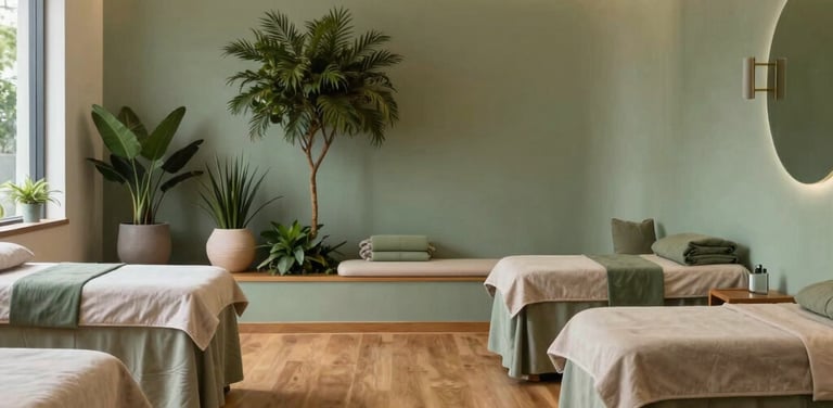 A serenity garden setting inside a wellness center in San Diego, California, featuring warm wooden floors, soft ambient light, and organic sage green decorations.