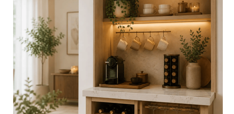 Nicchia arredata come angolo bar con cantinetta