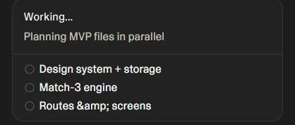 Lovable AI automatically generating a no-code game application workflow.