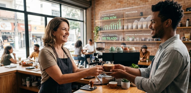 Empreendedor sorrindo e focando no atendimento ao cliente enquanto sua gestão financeira é feita de forma automática