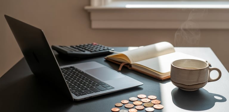Laptop and coins symbolizing financial freedom through investing and make money online