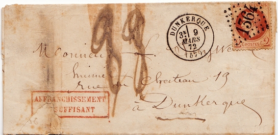 1872: Unzureichend frankierter Brief mit 2 Centimes, mit einer Nachgebühr von 23 Centimes belegt