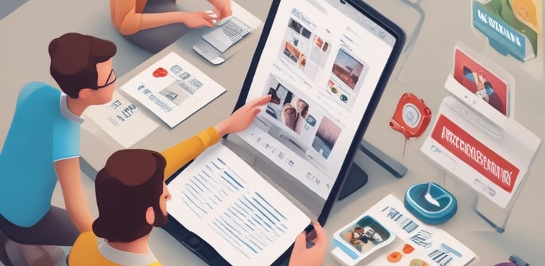 A team reviewing social media insights surrounded by nature-themed branding materials.