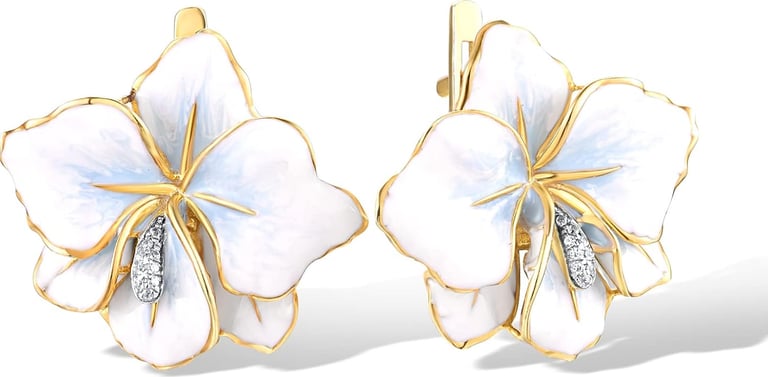 Prom Accessories Idea: 10K Yellow Solid Gold Enamel Flower Earrings. Genuine Diamond. Santuzza