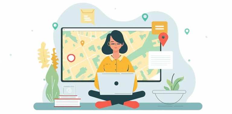 Screenshot of a woman using keyword analysis tools for local SEO on her computer.