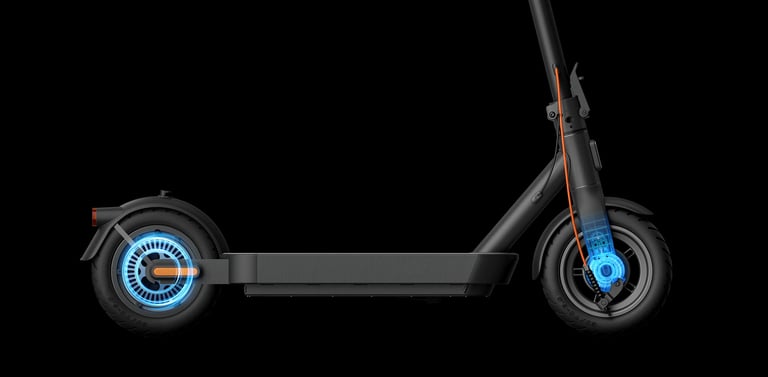 a scooter with a blue wheel and a black background