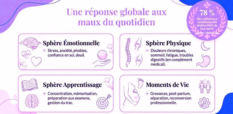 infographie expliquant comment la kinésiologie accompagne la rémédiation des souffrances