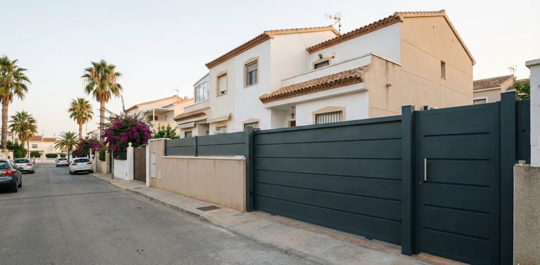 Puerta corredera metálica a medida con puerta peatonal en vivienda unifamiliar mediterránea