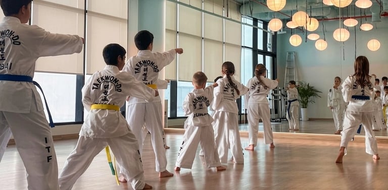 ITF Taekwondo class in action at Hwa Rang in Motor City Dubai