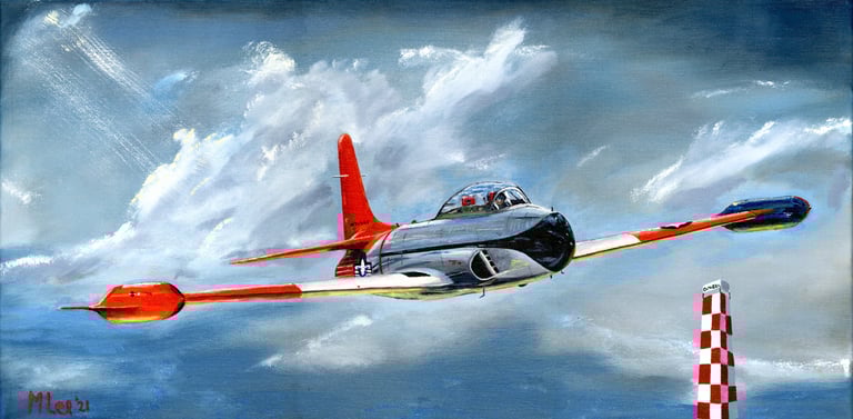 AN image of the oil painting, "Air Race" featuring a T-33 fly past an air race pylon