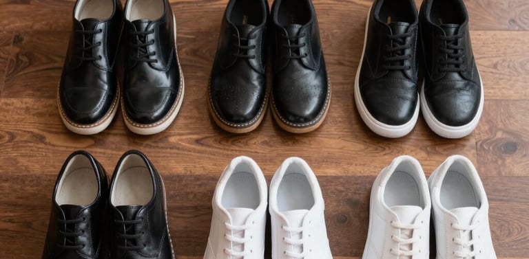 Close-up of colorful girls’ school shoes lined up on a classroom floor