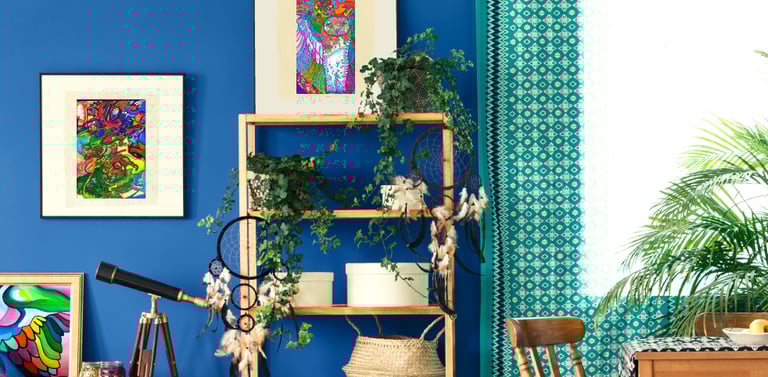 Colorful Boho living room with framed intuitive Reiki art wall hangings