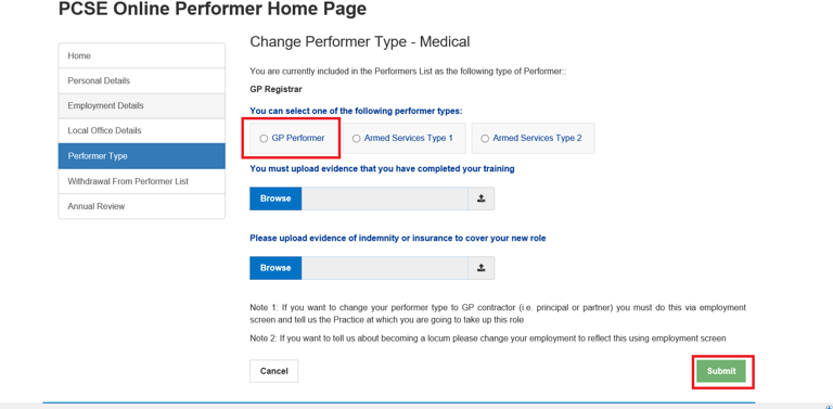 Change of Status in Primary Case Support England Performers List