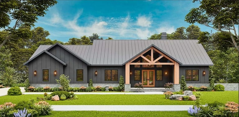 Modern ranch house with charcoal board and batten siding, metal roof, and timber frame porch.