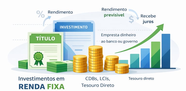 Infográfico sobre investimentos em renda fixa com ícones de moedas, gráfico de crescimento e títulos como CDB e Tesouro