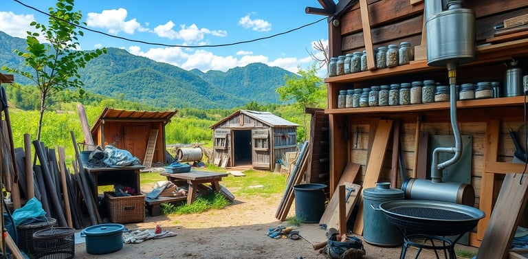 various diy tools with hand-built sheds in background