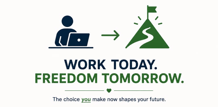 Minimalist illustration representing long-term freedom through consistent digital work