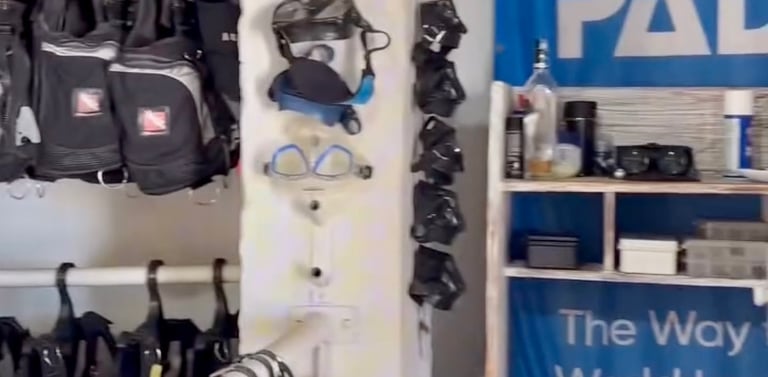 Scuba diving rental shop featuring PADI signs, snorkeling masks, and BCD jackets on racks.