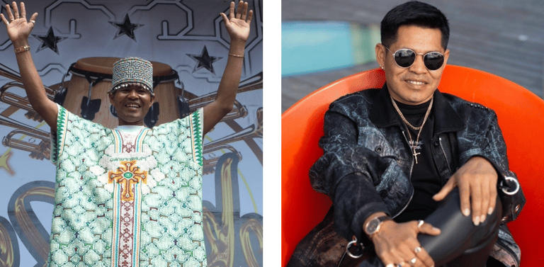 Side-by-side photos of Roger Bardales wearing traditional Shipibo Kushma and in trendy streetwear
