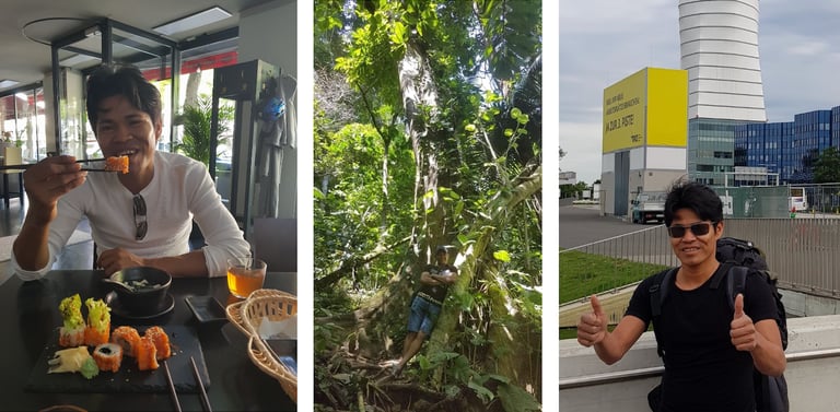 Roger Bardales enjoying fresh sushi rolls, hiking through a dense tropical jungle, and traveling.