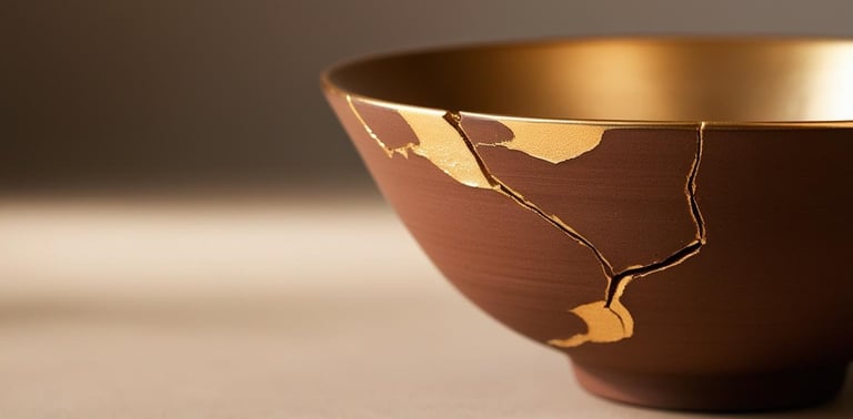Ceramic bowl repaired with golden Kintsugi cracks, symbolizing beauty in imperfection.