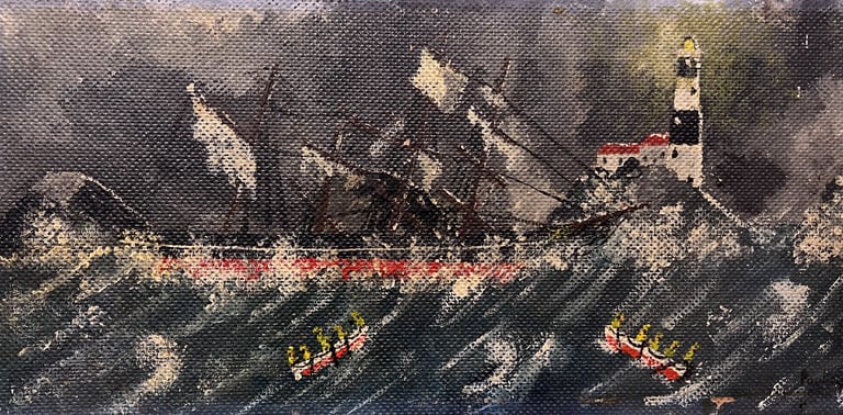 early acrylic painting by Paul Apps of a ship in a storm with rescuers 
