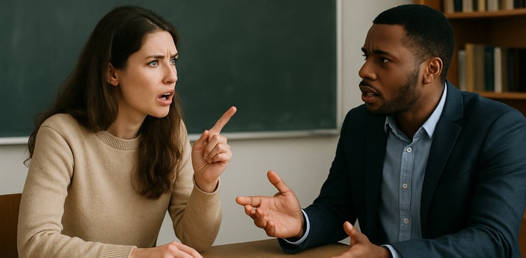 Two people having a focused conversation, illustrating techniques for mastering English
