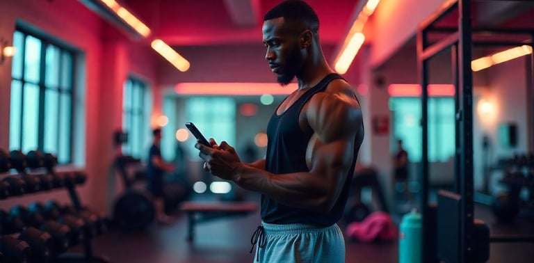 a man in a gym holding a cell phone