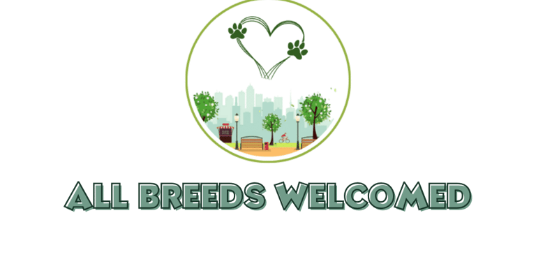 Julia's Pet Pal website element circle with a park and heart in the sky and text saying 'all breeds welcomed'