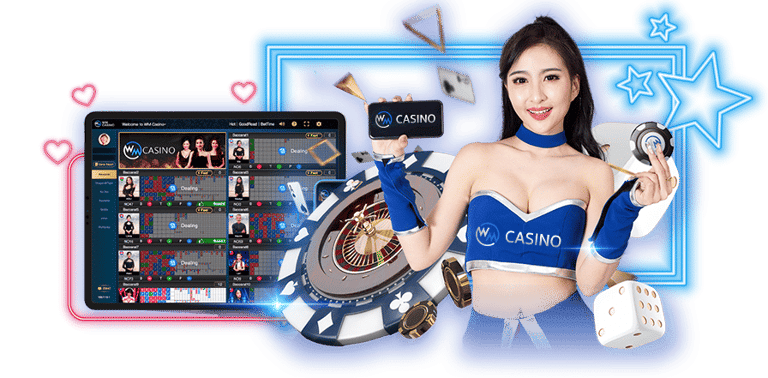 wm casino with a woman holding a casino roulet and a casino roule