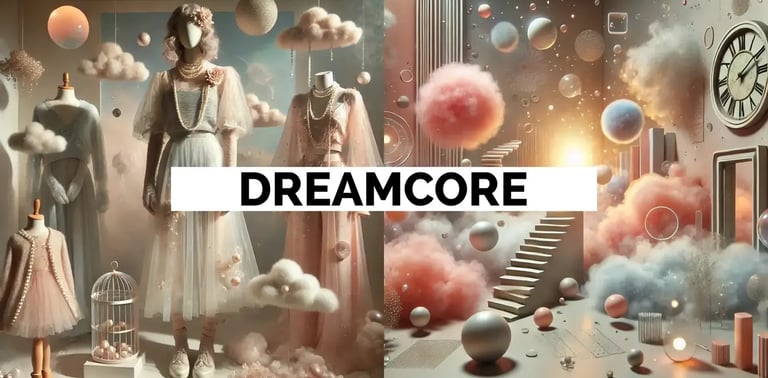 Mujer y ropa en un espacio con estética Dreamcore