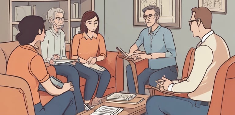 Several children are sitting outdoors on a blue mat, engaging in writing activities. They have papers and pencils in their hands, appearing focused and attentive. The background features lush green trees, a rustic wooden house with a tin roof, and some people in the distance, suggesting a rural setting.