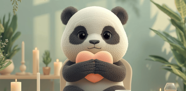 Mindy the mindful Panda holding a pink plush heart at a desk with candles and plants.