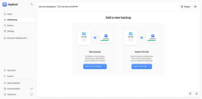 Interface inicial Duplicati backup