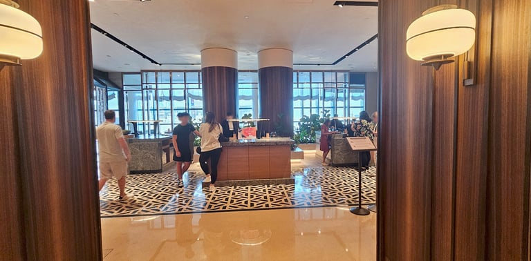 Singapore hotel lobby with modern design and check-in counters