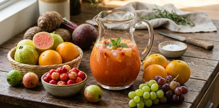 Jarra de vidro com suco tropical e frutas frescas: uvas, laranjas, acerolas e goiabas.
