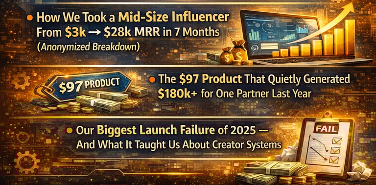 Digital marketing case studies showing influencer MRR growth, product revenue results, and creator systems analysis.