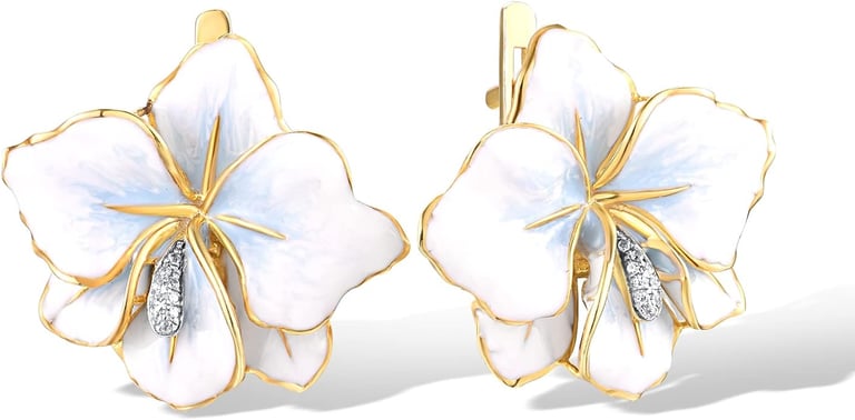 Prom Accessories Idea: 10K Yellow Solid Gold Enamel Flower Earrings. Genuine Diamond. Santuzza