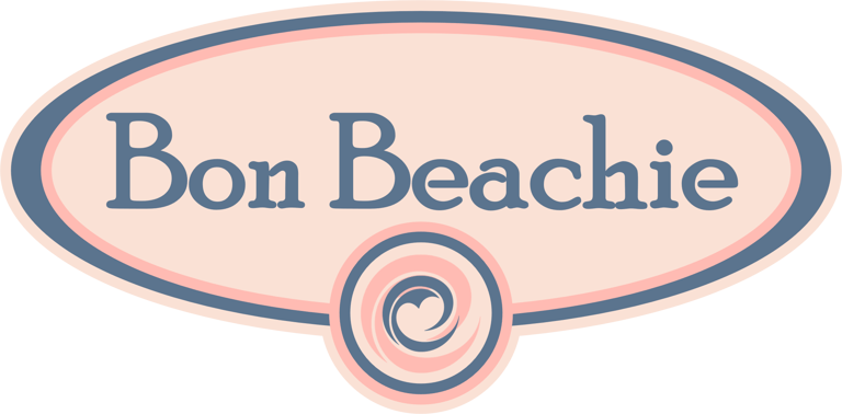 Bon Beachie logo featuring blue serif text inside a pink and blue oval frame with a spiral wave icon.