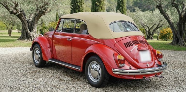 Volkswagen Beetle Cabriolet 1971 rojo con capota beige, coche clásico para bodas y eventos en España.