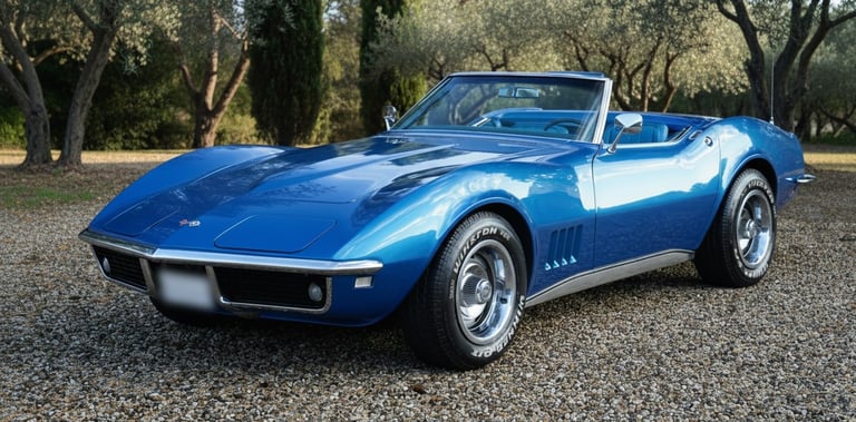 Corvette Stingray C3 1968 azul descapotable, clásico americano de lujo disponible para bodas en España.