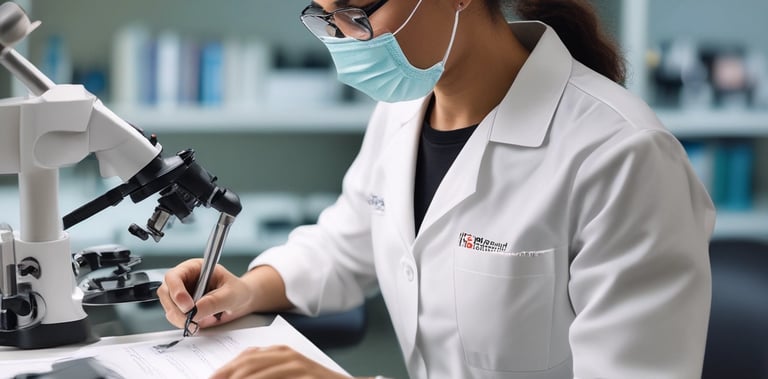 A person is holding a petri dish filled with several insect parts, using tweezers to handle them. They are wearing a black shirt and have a name tag pinned to it. The background is a muted, light-colored wall.