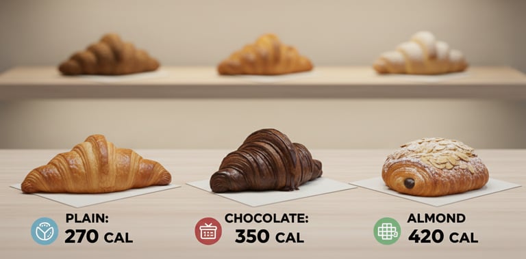 Croissant calories comparison with plain, chocolate, almond, and healthier croissant options
