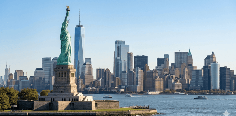 Estátua da Liberdade com skyline de Nova York ao fundo.