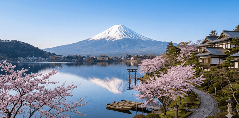 Monte Fuji com paisagem tradicional japonesa.